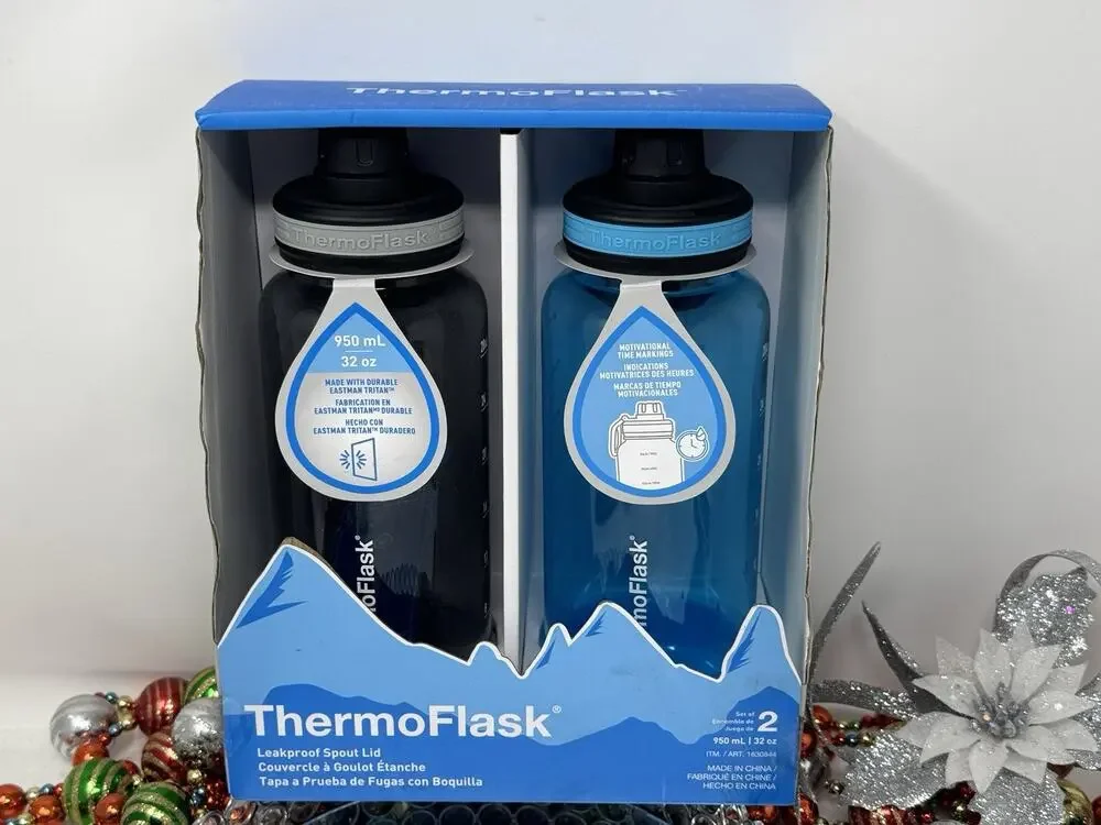 ThermoFlask 32 oz Water Bottles 2-Pack Leakproof Motivational Time Marker New